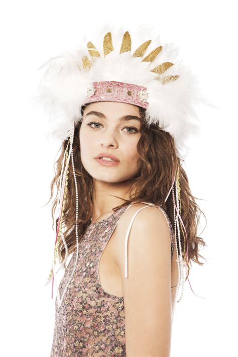 White And Gold Feather Headpiece With Pink Embroidery By Neon Panda