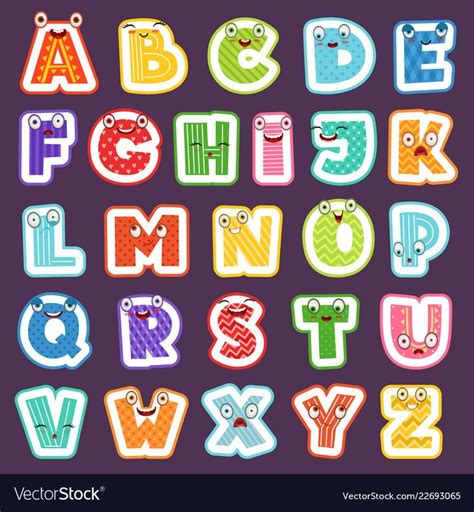 Cartoon Alphabet With Emotions Colored Cute Font Characters Letters