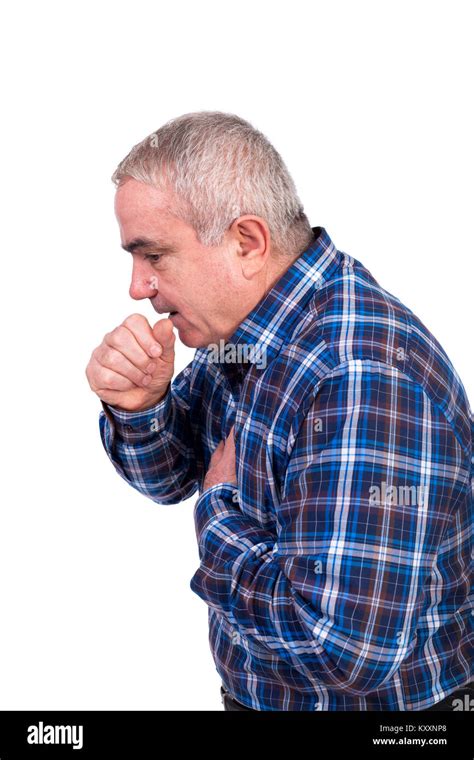 Senior Man Coughing And Accusing Chest Pain Isolated On White