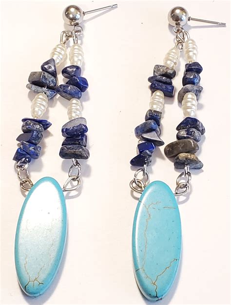 Turquoise Bead Lapis Luzuli Gemstone Dangle Earrings Etsy In