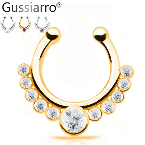 Gussiarro Crystal Fashion Clicker Fake Septum For Women Body Clip Hoop Vintage Fake Nose Ring