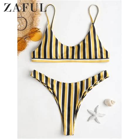 Zaful Bikini Striped High Cut Thong Womens Swimsuit Padded Swimwear