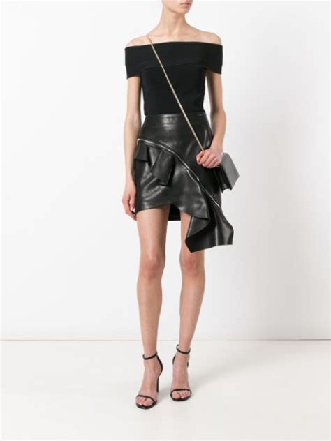 Saint Laurent Ruffled Asymmetric Leather Mini Skirt In Black Modesens