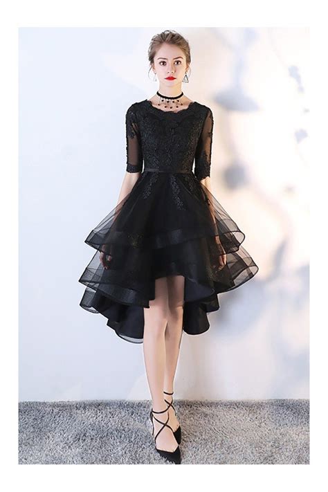 Black Tulle Homecoming Prom Dress With Lace Sleeves Mxl