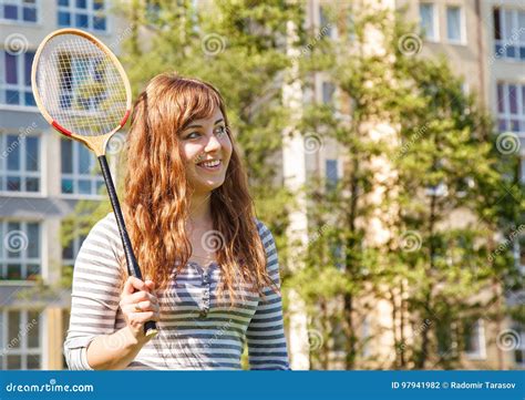 Young Beautiful Woman Playing Badminton Stock Photo Image Of Green