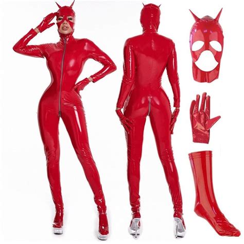 Red Sexy Catsuit For Women Crotch Zipper Men Shiny Latex Open PVC Bodysuit Hot Lingerie Wetlook