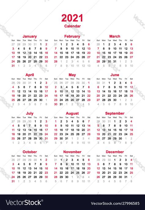 You may download these free printable 2021 calendars in pdf format. Calendar 2021 - 12 months yearly calendar Vector Image