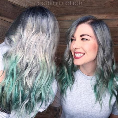 Silver Gray Hair With Mint Balayage Green Hair Ombre Pastel Green Hair