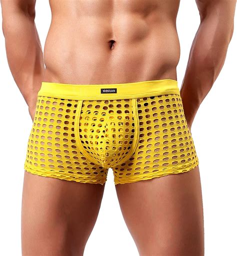 Mizok Mens Breathable Mesh Underwear Sexy Boxer Briefs Trunks Yellow
