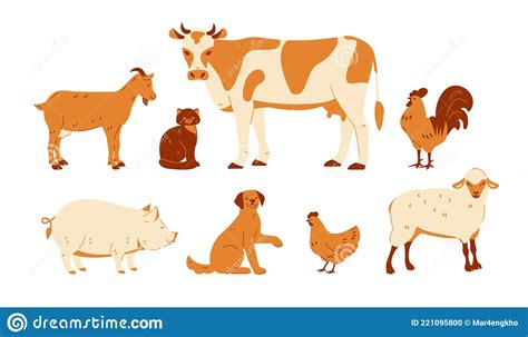 Set Of Farm Animals Cow Goat Sheep Cat Dog Rooster Chicken Pig Vector