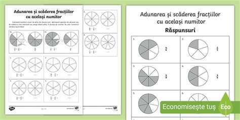 Adunarea și Scăderea Fracțiilor Cu Același Numitor Fișă De Lucru