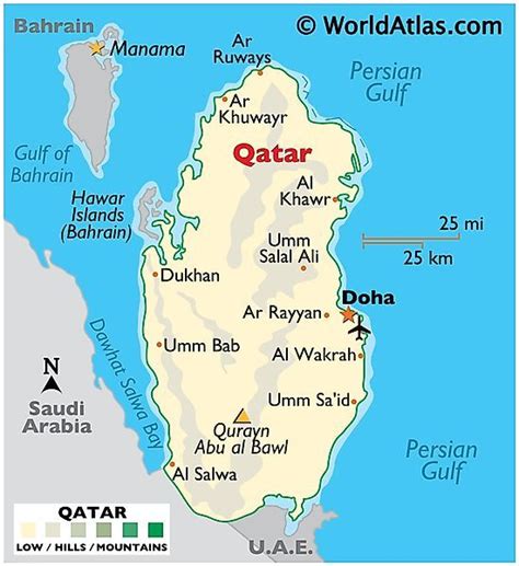 A Map Of Qatar With The Capital And Major Cities