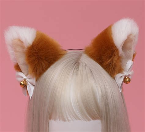 White Camel And White Bow Realistic Cat Ears With Bells Cat Ear Etsy