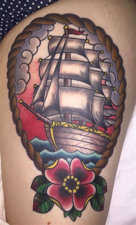 American Traditional Clipper Ship Tattoo With Poppy Flower Artist