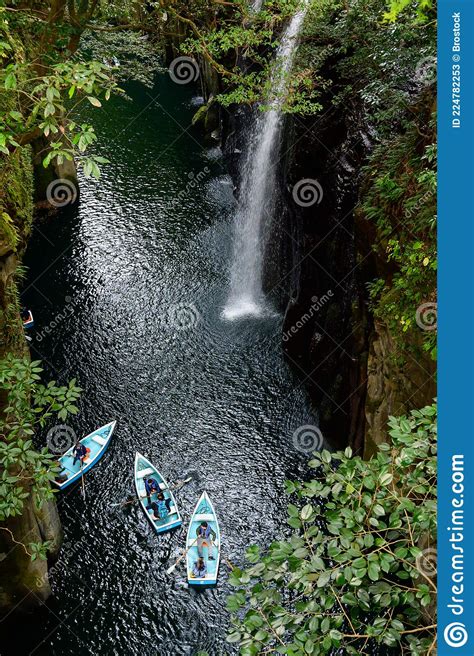 Waterfall And Boat At Takachiho Gorge In Japan Stock Image Image Of