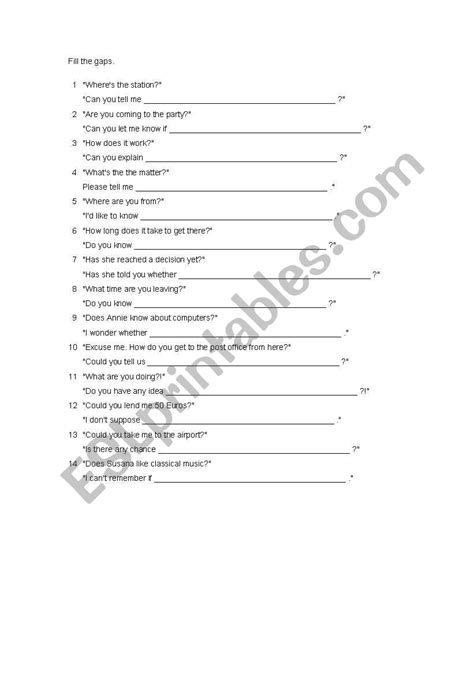 English Worksheets Direct Indirect Questions