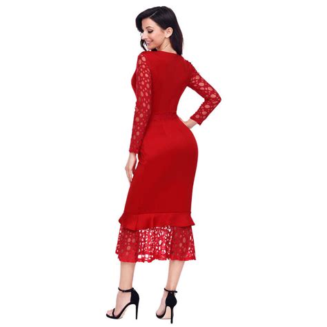 Sexy Hollow Out Long Sleeve Lace Ruffle Bodycon Midi Formal Party