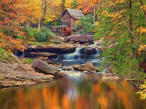 River Grist Mill In Autumn Forest Art Print By P Three Artworks West