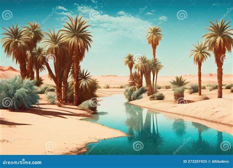 Oasis With Palm Trees And Clear Blue Skies Surrounded By Barren Desert