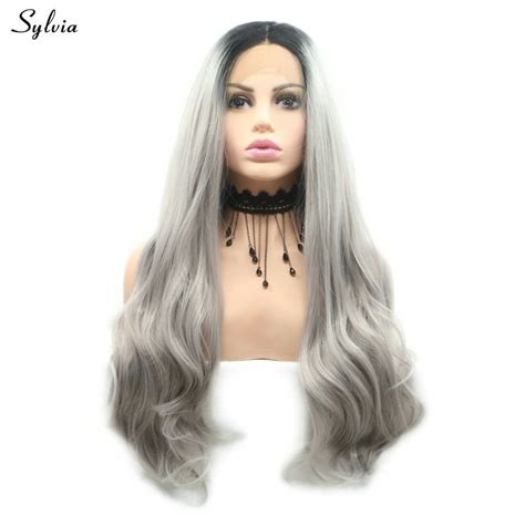 Sylvia High Temperature Fiber Grey Ombre Dark Wigs Synthetic Lace Front