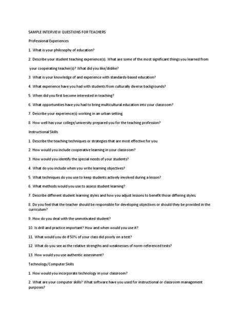 Sample Interview Questions For Teachers Classroom Management Teachers