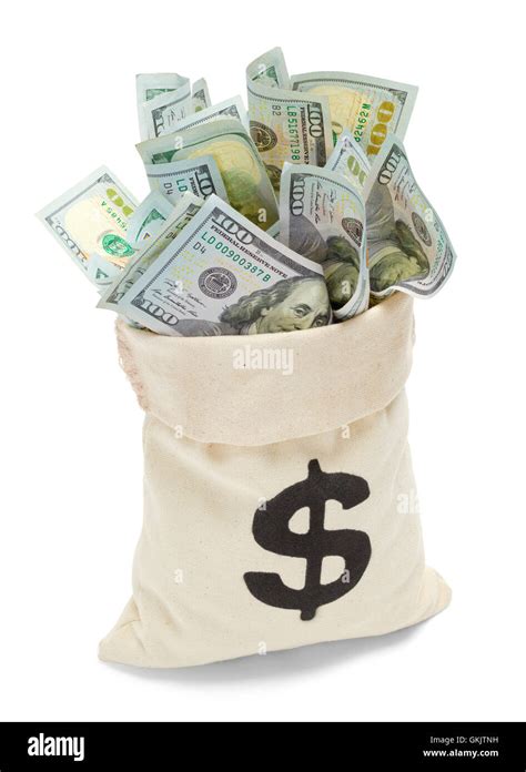 Open Bag Of Cash With Hundred Dollar Bills Isolated On White Background