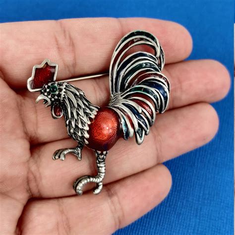 Rooster Brooch Cock Pin Vintage Enamel Pewter Etsy