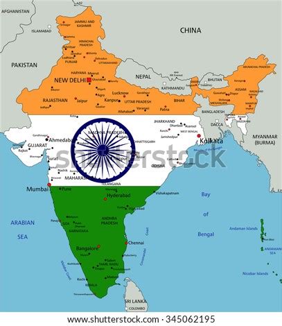 It is bordered by the arabian sea, laccadive sea, and the bay of bengal to the south; India Highly Detailed Political Map National Stock Vector ...