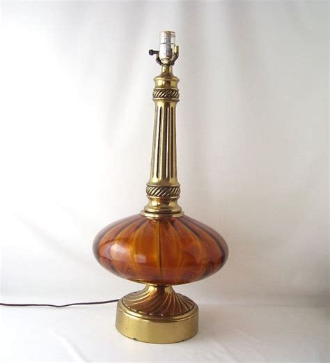 Vintage Amber Glass Table Lamp Light Lighting Gold Mid Century Modern Retro Decorative Home