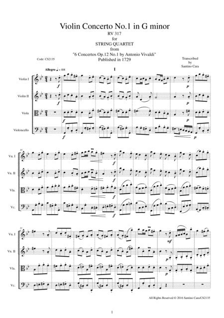 Vivaldi Violin Concerto In G Minor Rv 317 Op12 No1 For String