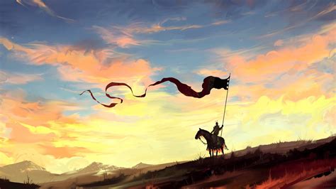 1920x1080 Resolution Warrior Riding Horse With Flag Digital Wallpaper