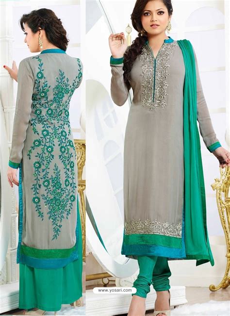 Gray And Green Georgette Pakistani Suits Pakistani Suits Online