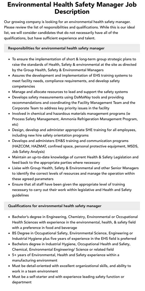 Environmental Health Safety Manager Job Description Velvet Jobs