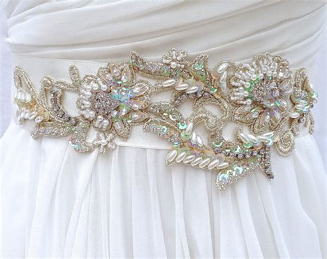 Ivory And Gold Beaded Bridal Sash Wedding Sash With Crystals Lace And