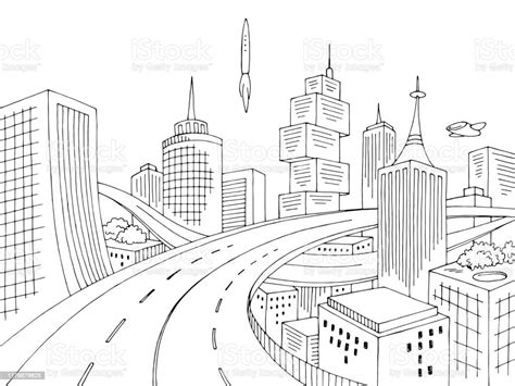 City Of The Future Graphic Black White Cityscape Skyline Sketch