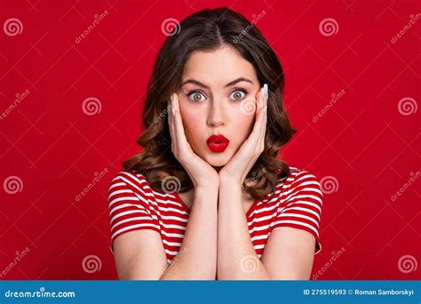 Portrait Of Shocked Speechless Girl Hands Touch Cheekbones Pouted Lips