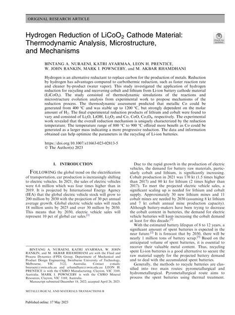 Pdf Hydrogen Reduction Of Licoo2 Cathode Material Thermodynamic