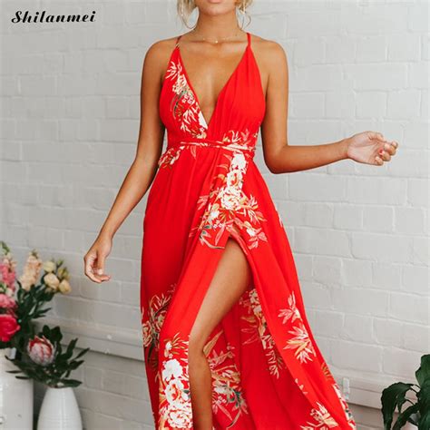 Red Sexy Deep V Neck Backless Long Dress High Split Cross Sleeveless Maxi Dresses 2018 Summer