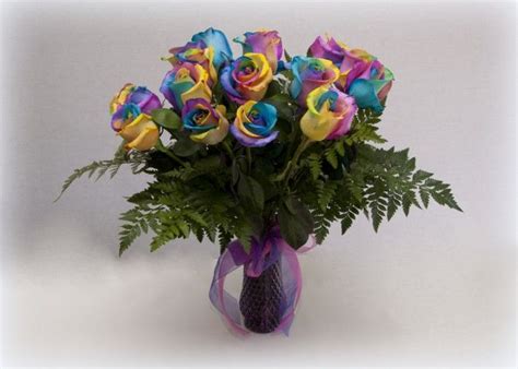 12 Long Stem Rainbow Roses Premium Bouquet With Vase Rainbow Roses