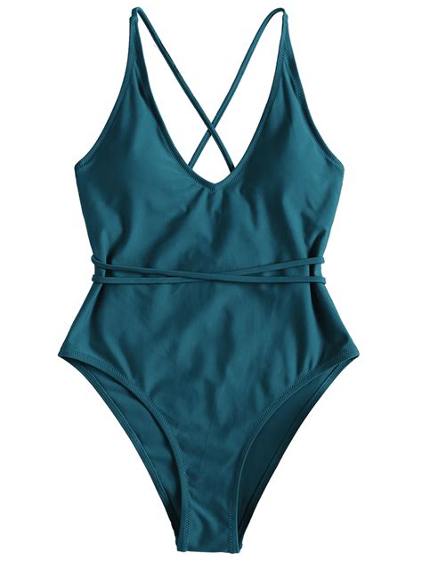 51 Off 2021 Crisscross High Leg One Piece Swimwear In Greenish Blue