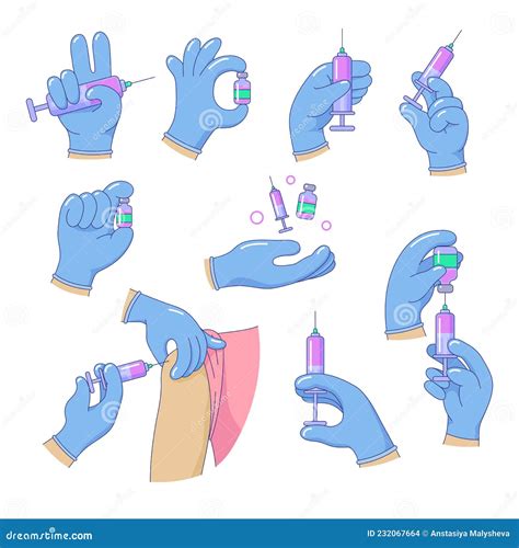 Set Of Doctor Hands Making Medical Injections Set Stock Vector