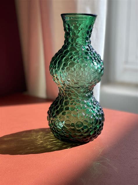 Vintage Green Bubble Glass Vase Hourglass Shaped Etsy