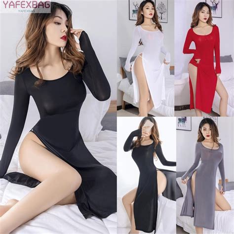 Women Sexy Sheer High Side Split Dress Low Cut Long Cheongsam Lingerie