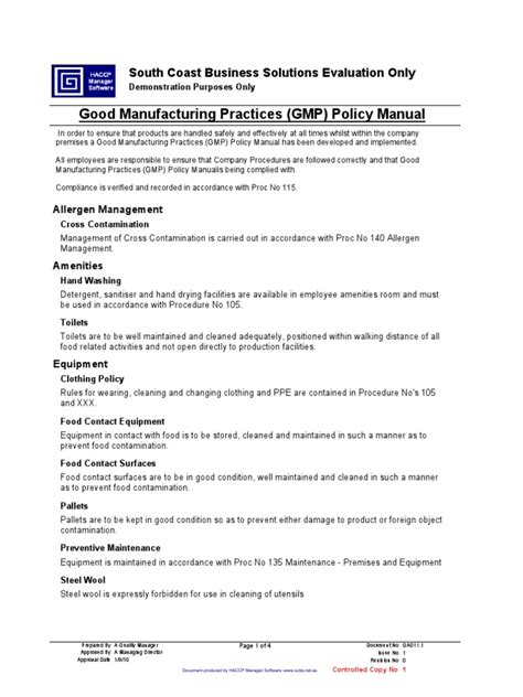 Gmp Policy Manual Warehouse Hygiene