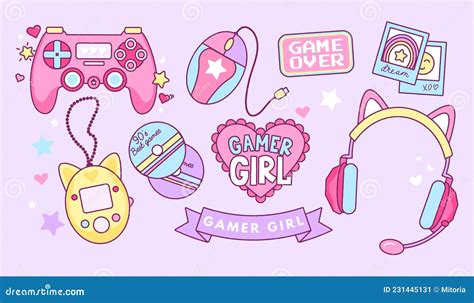 Gamer Girl Kawaii Elements Set Vintage Pink Kawaii Girl 90â€ S Game