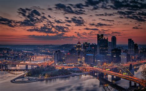 Evening Bridges Houses Usa Clouds Pennsylvania Pittsburgh Cities