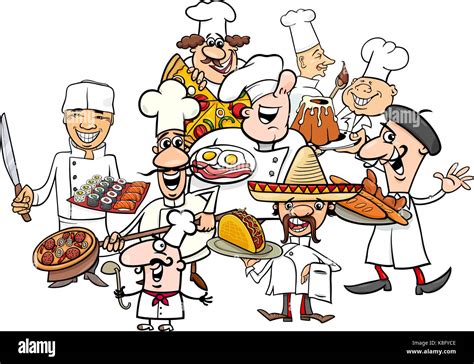 Cartoon Illustration Of Funny International Cuisine Chefs Group With