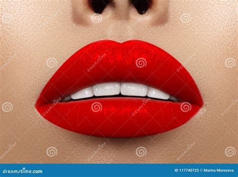 Close Up Macro Shot Of Female Mouth Glamour Red Lips Makeup With