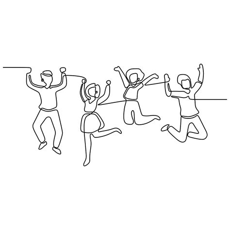 Continuous One Line Drawing Of Group Four People Jump Happy Moment