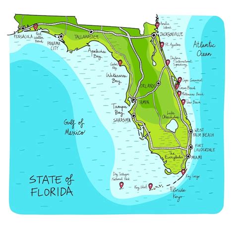 Hand Drawn Map Of Florida With Main Cities Premium Vector